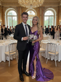 Mermaid/Trumpet Bodycon Spaghetti Strap Floor-Length Prom Dresses with Ruffle Hem Slit