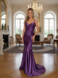 Mermaid/Trumpet Bodycon Spaghetti Strap Floor-Length Prom Dresses with Ruffle Hem Slit