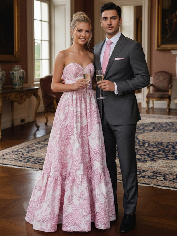jacquard prom dress JJ's House Ball-Gown Princess Off the Shoulder Sweep Train 2026 With Corset Up Back Embellishment Fuchsia Jacquard Strapless A-Line Prom