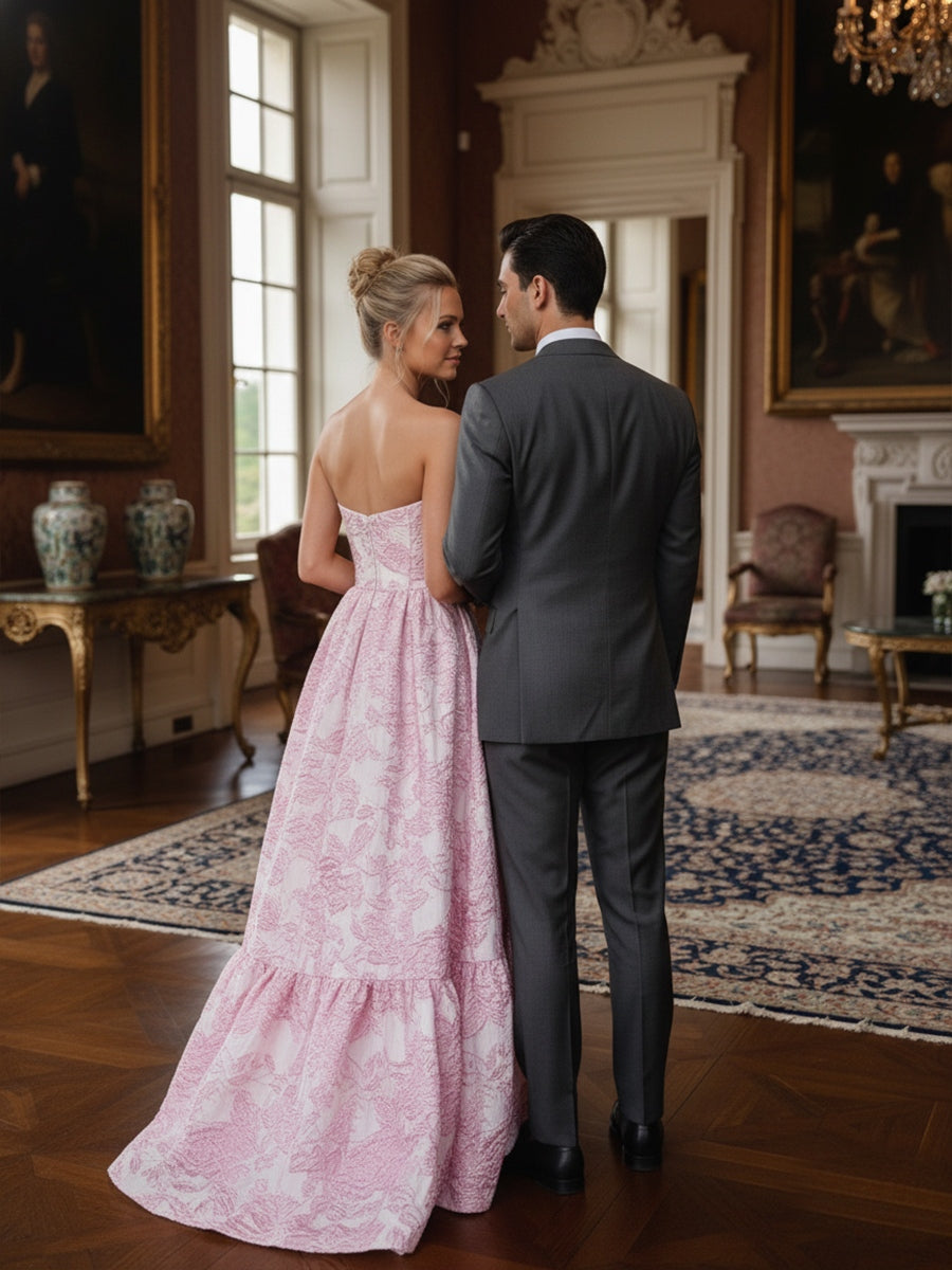 A-Line/Princess Sweetheart Neck Strapless Jacquard Floor-Length Prom Dresses