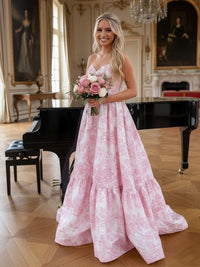 A-Line/Princess Sweetheart Neck Strapless Jacquard Floor-Length Prom Dresses