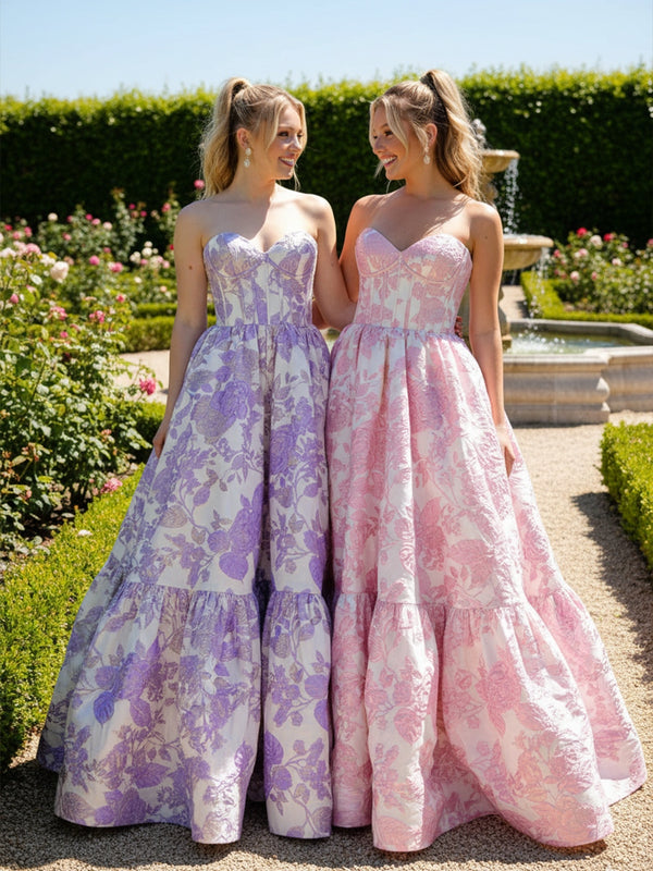 A-Line/Princess Sweetheart Neck Strapless Jacquard Floor-Length Prom Dresses