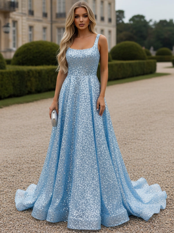 Classic A-Line/Princess Sqaure Neck Sparkly Sequin Floor-Length Prom Dresses with Train