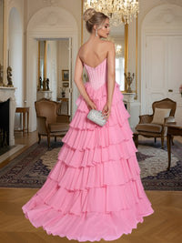 A-Line/Princess Sleeveless Tiered Split Floor-Length Formal Prom Dresses with Appliques