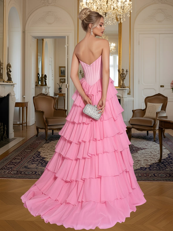 A-Line/Princess Sleeveless Tiered Split Floor-Length Formal Prom Dresses with Appliques