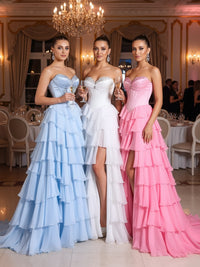 A-Line/Princess Sleeveless Tiered Split Floor-Length Formal Prom Dresses with Appliques