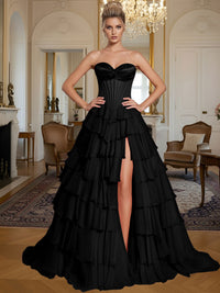 A-Line/Princess Sleeveless Tiered Split Floor-Length Formal Prom Dresses with Appliques