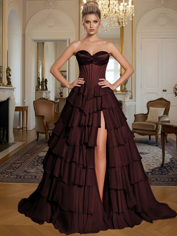 A-Line/Princess Sleeveless Tiered Split Floor-Length Formal Prom Dresses with Appliques