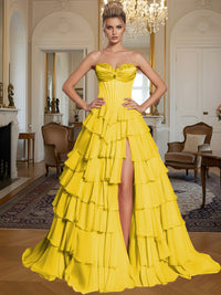 A-Line/Princess Sleeveless Tiered Split Floor-Length Formal Prom Dresses with Appliques