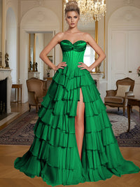A-Line/Princess Sleeveless Tiered Split Floor-Length Formal Prom Dresses with Appliques