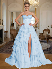 A-Line/Princess Sleeveless Tiered Split Floor-Length Formal Prom Dresses with Appliques