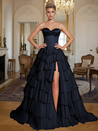 A-Line/Princess Sleeveless Tiered Split Floor-Length Formal Prom Dresses with Appliques