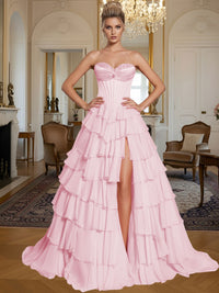 A-Line/Princess Sleeveless Tiered Split Floor-Length Formal Prom Dresses with Appliques