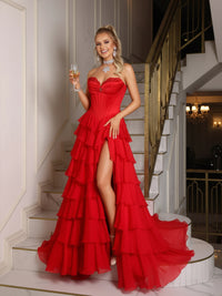 A-Line/Princess Sleeveless Tiered Split Floor-Length Formal Prom Dresses with Appliques