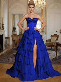 A-Line/Princess Sleeveless Tiered Split Floor-Length Formal Prom Dresses with Appliques