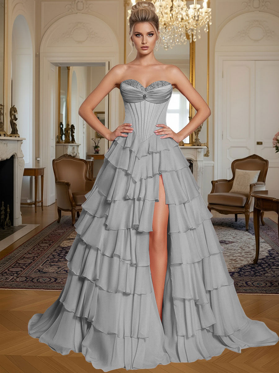 A-Line/Princess Sleeveless Tiered Split Floor-Length Formal Prom Dresses with Appliques