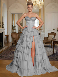 A-Line/Princess Sleeveless Tiered Split Floor-Length Formal Prom Dresses with Appliques