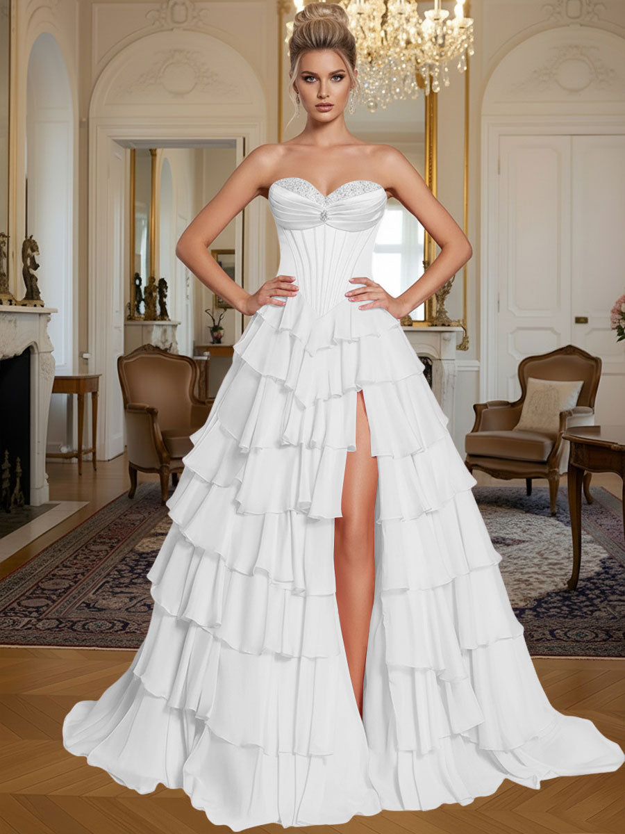 A-Line/Princess Sleeveless Tiered Split Floor-Length Formal Prom Dresses with Appliques
