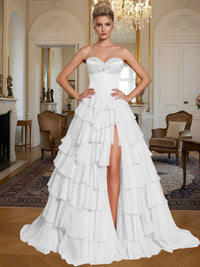 A-Line/Princess Sleeveless Tiered Split Floor-Length Formal Prom Dresses with Appliques