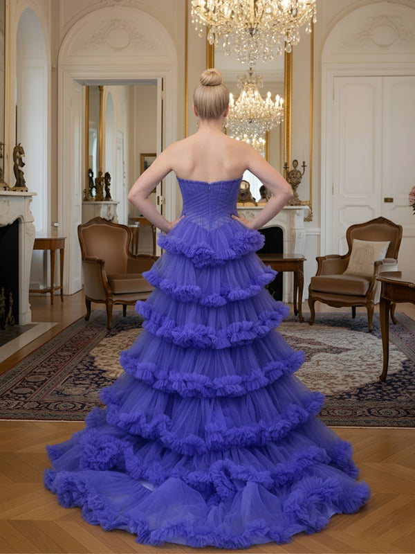 A-Line/Princess Tiered Tulle Floor-Length Prom Dresses with Train