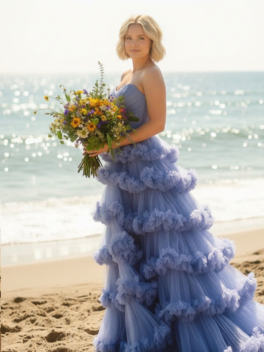 A-Line/Princess Tiered Tulle Floor-Length Prom Dresses with Train