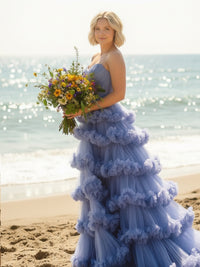 A-Line/Princess Tiered Tulle Floor-Length Prom Dresses with Train