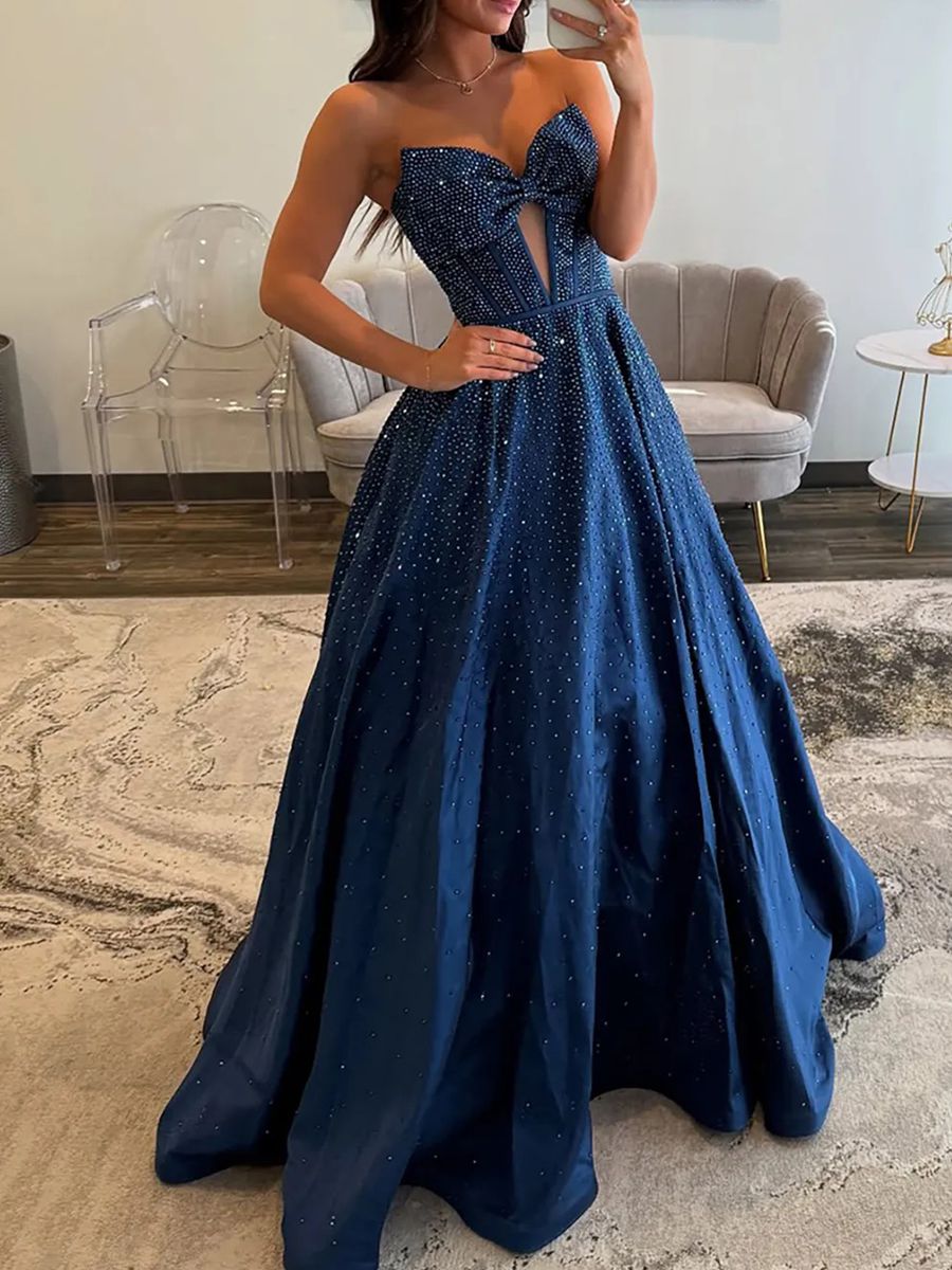 A-Line/Princess Beading Strapless Corset Floor-Length Prom Dresses with Bow