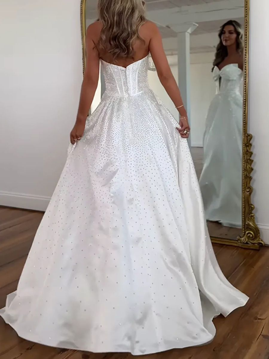 A-Line/Princess Beading Strapless Corset Floor-Length Prom Dresses with Bow