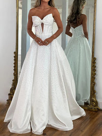 A-Line/Princess Beading Strapless Corset Floor-Length Prom Dresses with Bow
