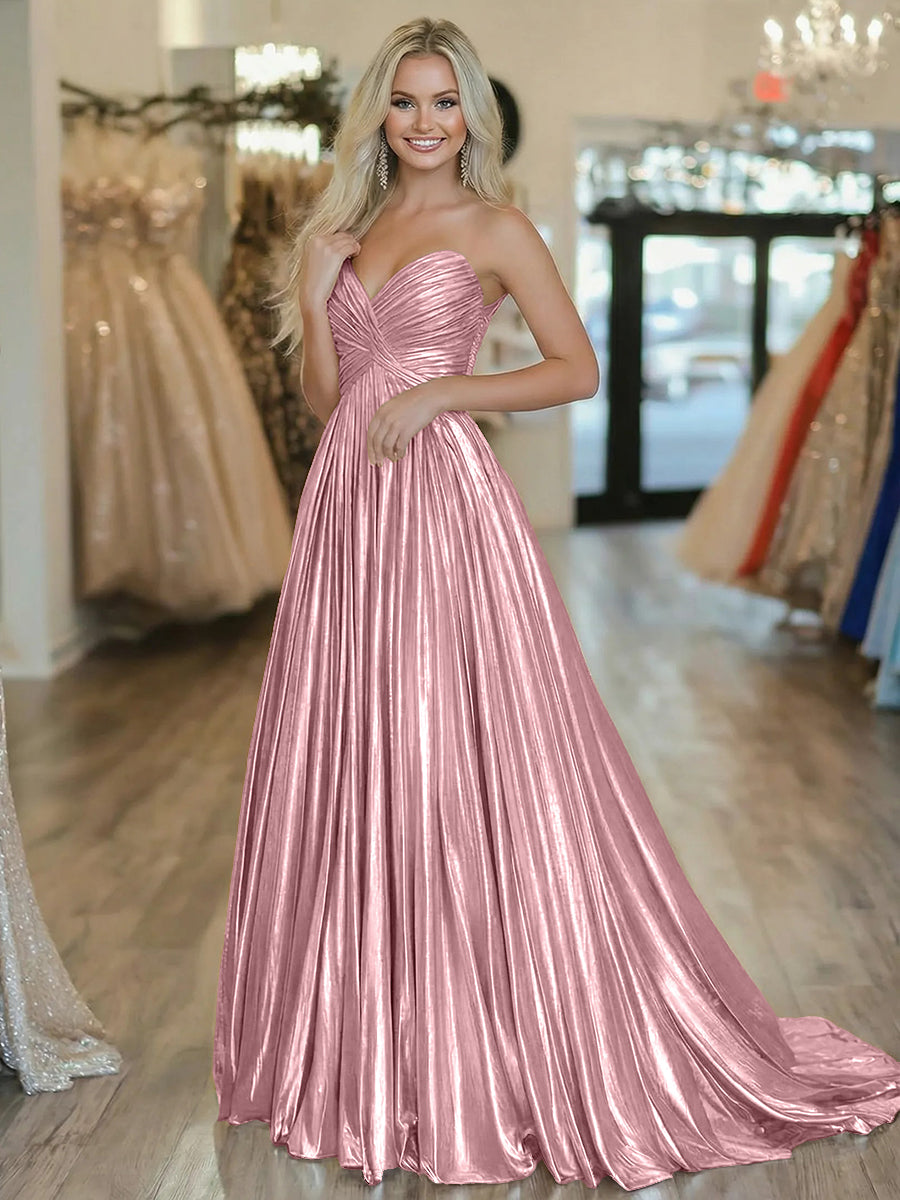 A-Line/Princess Strapless Ruched Taffeta Floor-Length Prom Dresses for Shirees A-Line/Princess Strapless Ruched Taffeta Floor-Length Prom Dresses for Shirees
