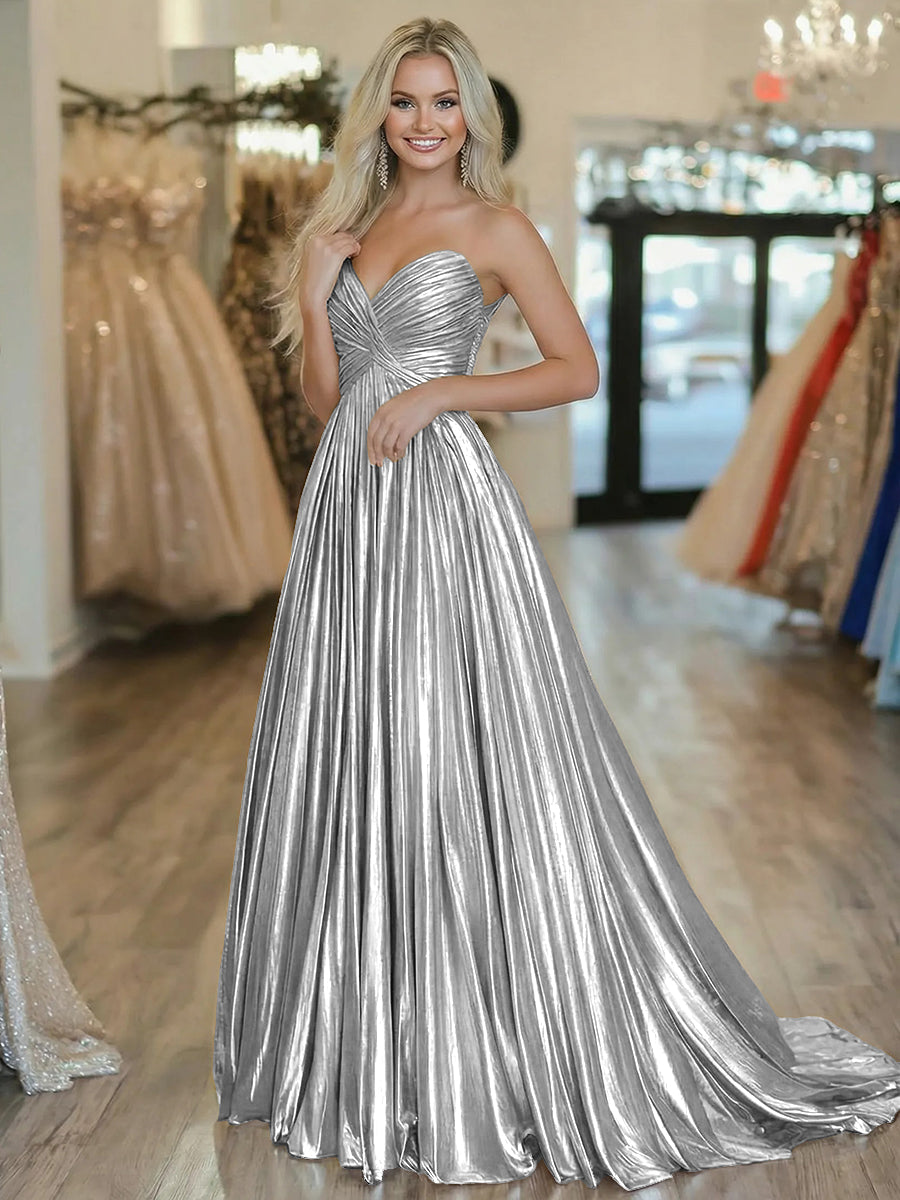 A-Line/Princess Strapless Ruched Taffeta Floor-Length Prom Dresses for Teens