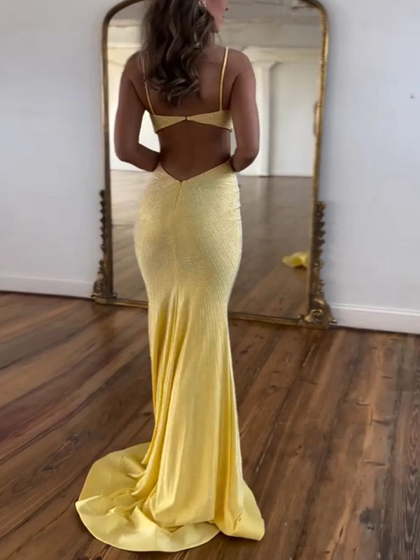 Mermaid V-Neck Cut Out Floor-Length Prom Dresses with Beadings