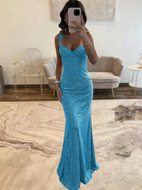 Mermaid/Trumpet Sweetheart Neck Spaghetti Strap Floor-Length Prom Dresses with Beadings