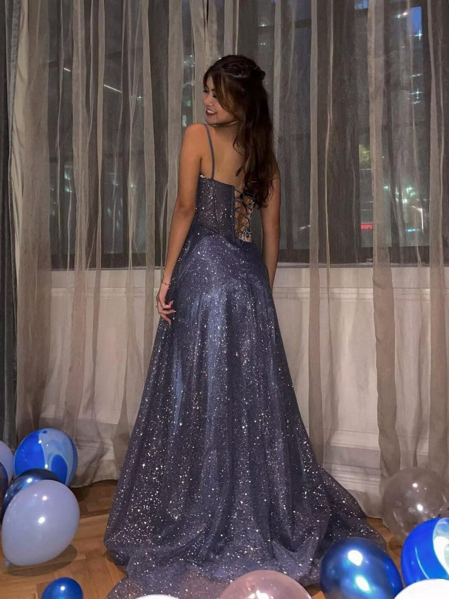 A-Line/Princess Spaghetti Strap Cowl Neck Floor-Length Prom Dresses Sparkly Evening Gown