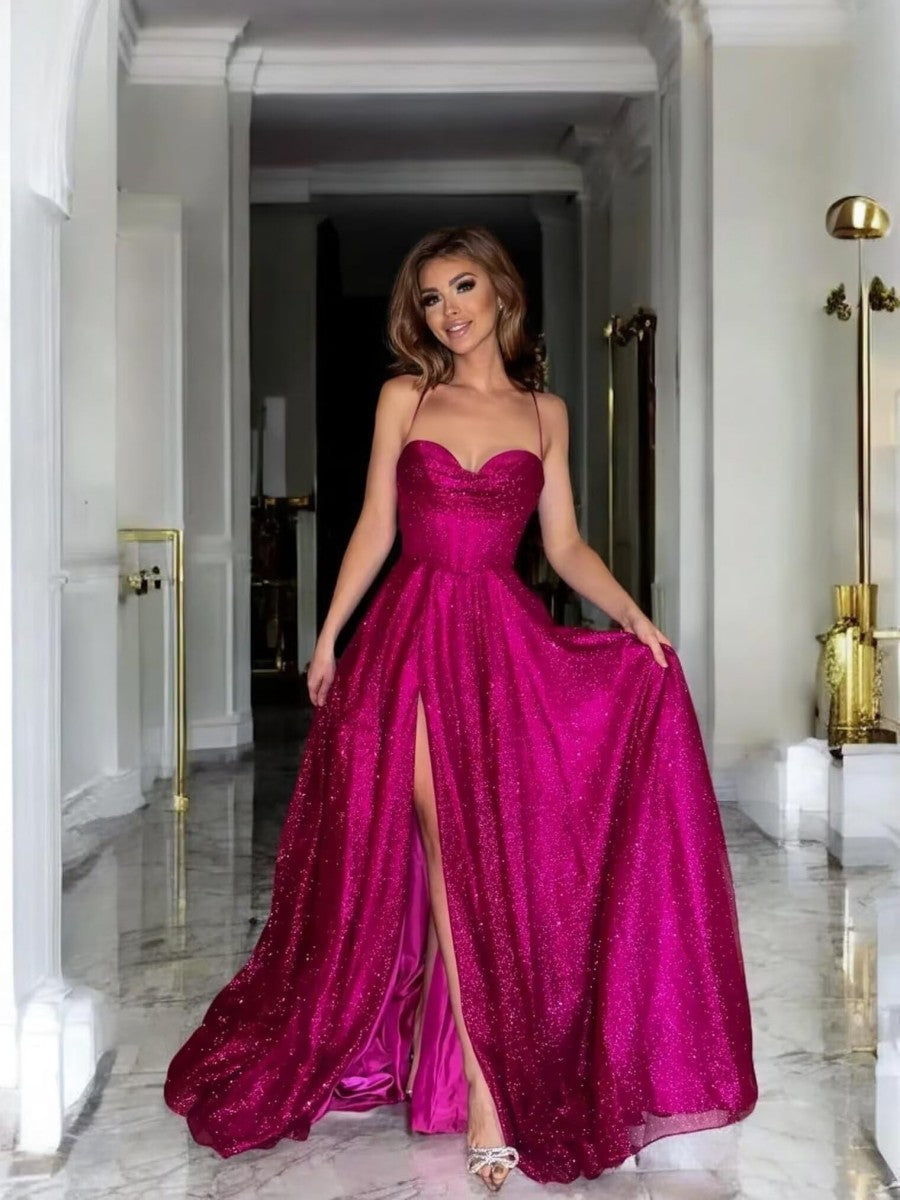 A-Line/Princess Spaghetti Strap Cowl Neck Floor-Length Prom Dresses Sparkly Evening Gown