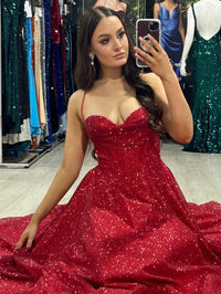 A-Line/Princess Spaghetti Strap Cowl Neck Floor-Length Prom Dresses Sparkly Evening Gown
