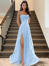 A-Line/Princess Spaghetti Strap Cowl Neck Floor-Length Prom Dresses Sparkly Evening Gown