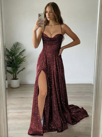 A-Line/Princess Spaghetti Strap Cowl Neck Floor-Length Prom Dresses Sparkly Evening Gown