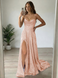 A-Line/Princess Spaghetti Strap Cowl Neck Floor-Length Prom Dresses Sparkly Evening Gown
