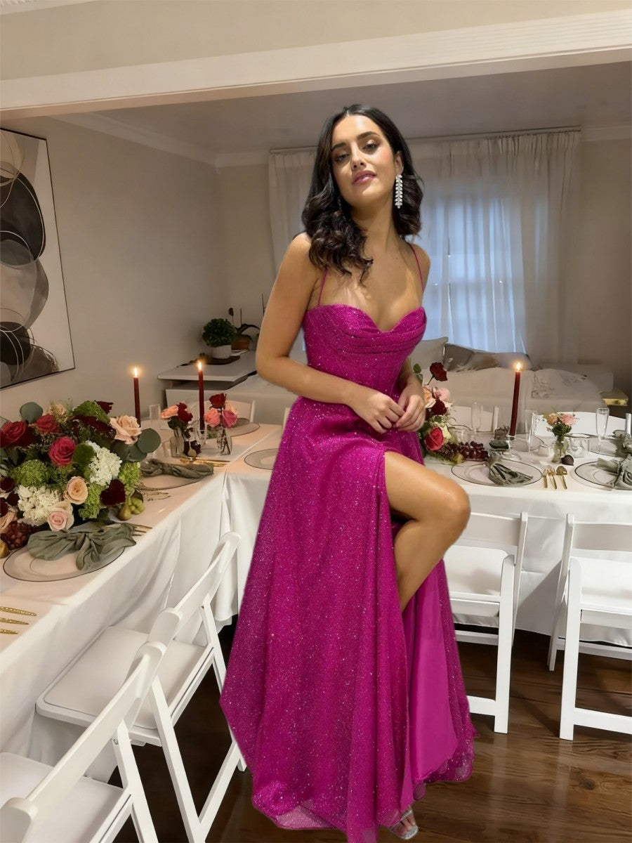 A-Line/Princess Spaghetti Strap Cowl Neck Floor-Length Prom Dresses Sparkly Evening Gown