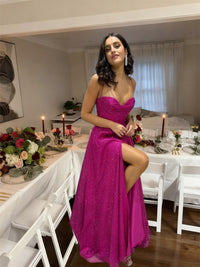 A-Line/Princess Spaghetti Strap Cowl Neck Floor-Length Prom Dresses Sparkly Evening Gown