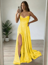 A-Line/Princess Spaghetti Strap Cowl Neck Floor-Length Prom Dresses Sparkly Evening Gown