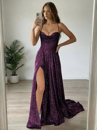 A-Line/Princess Spaghetti Strap Cowl Neck Floor-Length Prom Dresses Sparkly Evening Gown