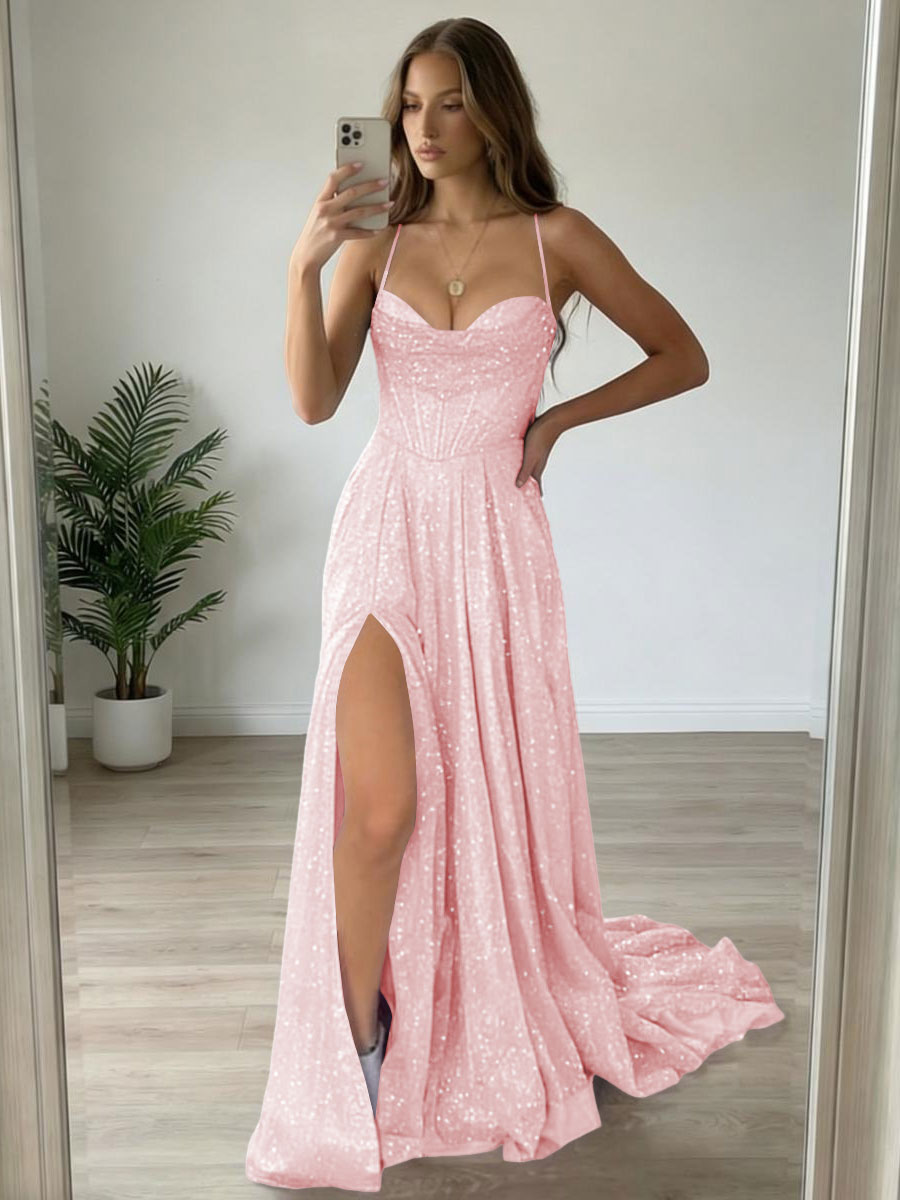A-Line/Princess Spaghetti Strap Cowl Neck Floor-Length Prom Dresses Sparkly Evening Gown