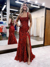 Sheath/Column Sparkly Sequin Spaghetti Strap Square Neck Floor-Length Prom Dresses with Slit