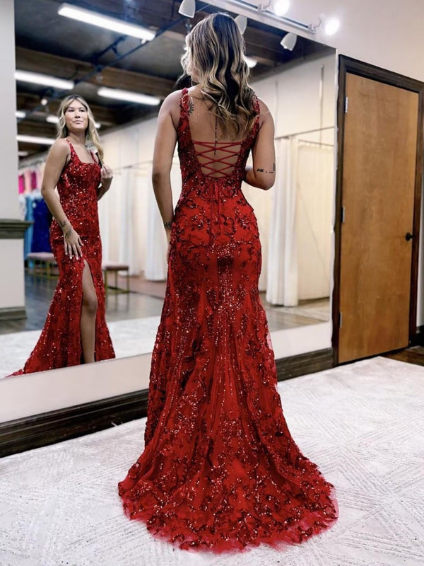 Sheath/Column Sparkly Sequin Spaghetti Strap Square Neck Floor-Length Prom Dresses with Slit