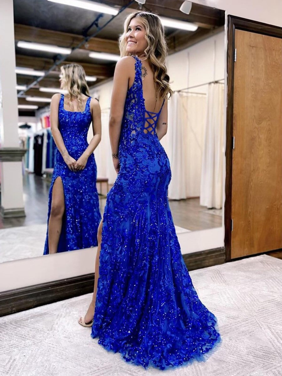 Sheath/Column Sparkly Sequin Spaghetti Strap Square Neck Floor-Length Prom Dresses with Slit