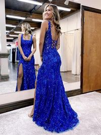 Sheath/Column Sparkly Sequin Spaghetti Strap Square Neck Floor-Length Prom Dresses with Slit