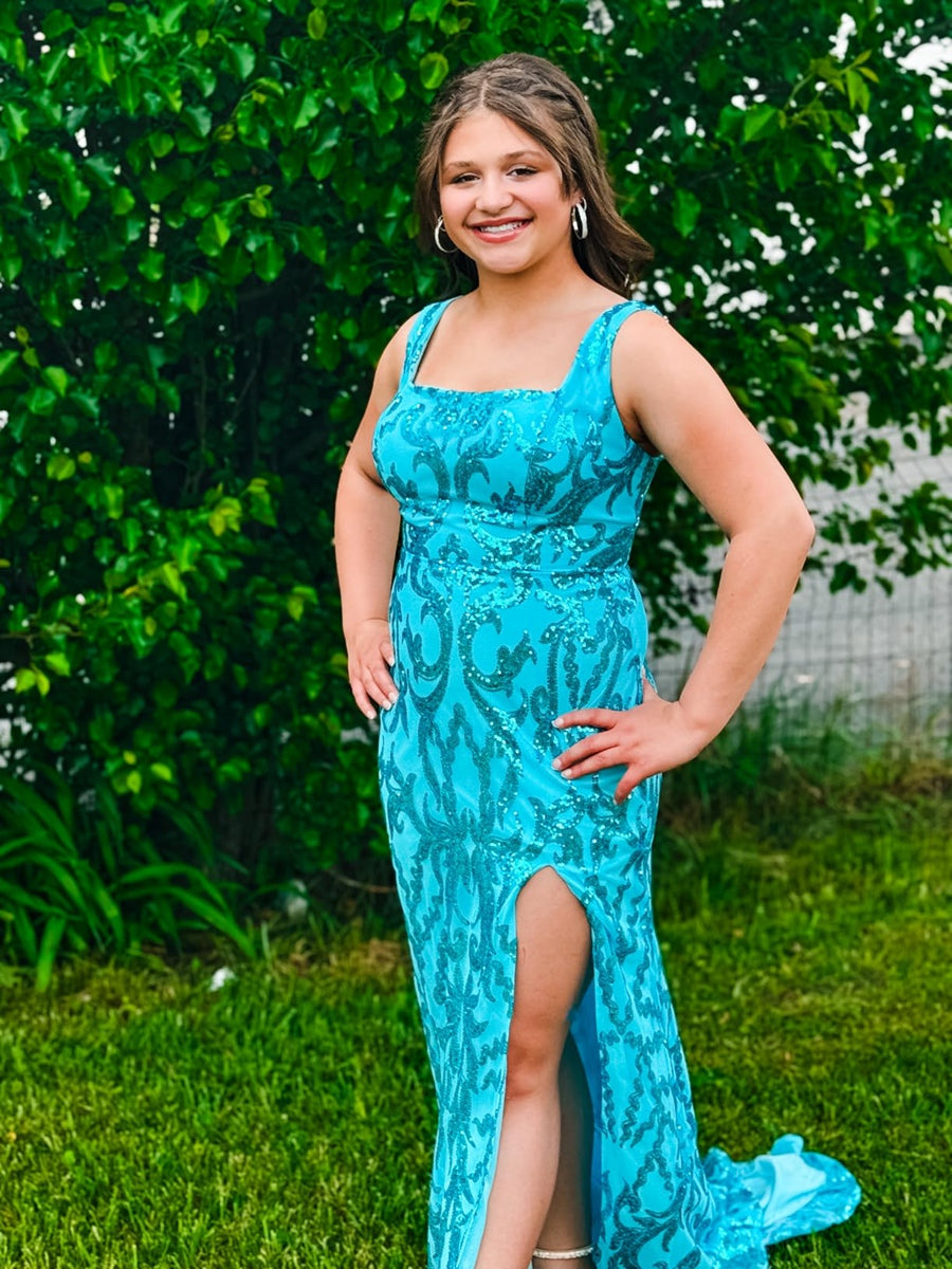 Sheath/Column Sparkly Sequin Spaghetti Strap Square Neck Floor-Length Prom Dresses with Slit