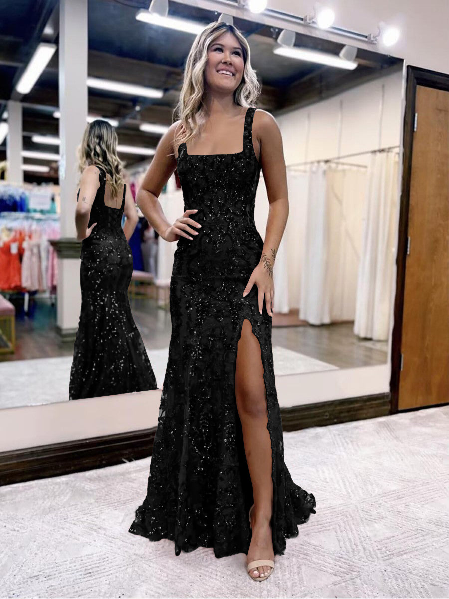 Sheath/Column Sparkly Sequin Spaghetti Strap Square Neck Floor-Length Prom Dresses with Slit